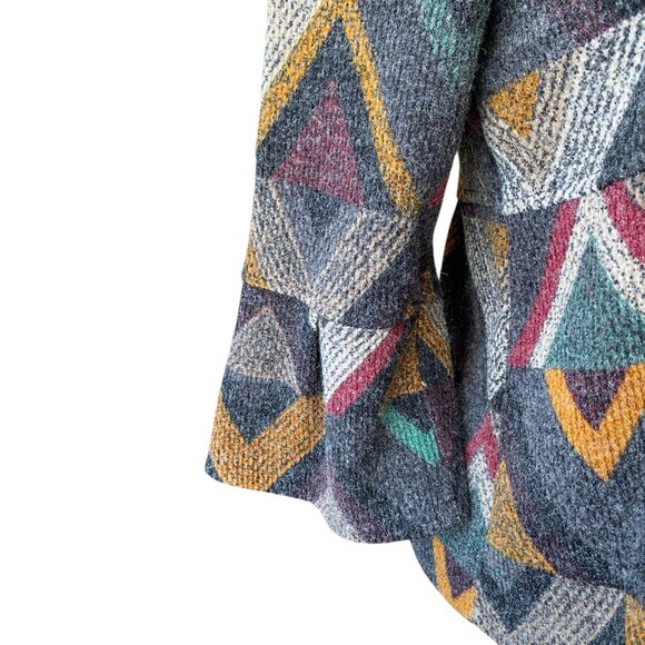 Damee Peplum Button Sweater Jacket Sz S Flare Sleeve Geometric Artsy Lagenlook - Picture 4 of 13